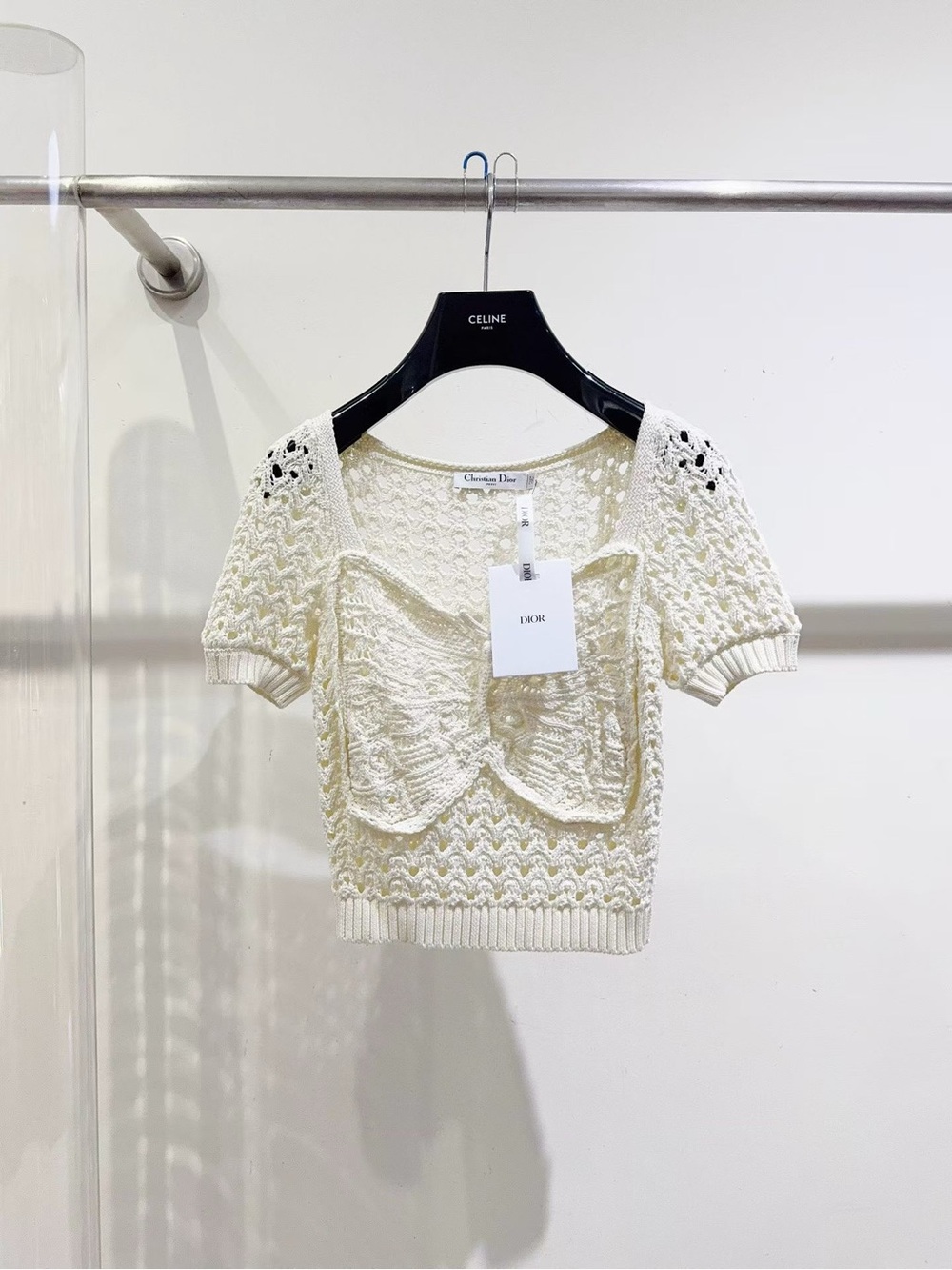 Dior Cream Knit Short-Sleeve Bow Front Top